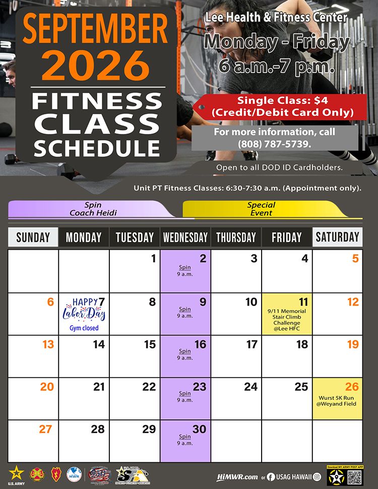 Calendar for Spin Class at Lee Health & Fitness Center on Wednesday's.