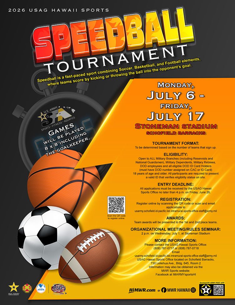 Flyer for the 2026 USAG Hawaii Sports Speedball Tournament. The event runs from Monday, July 6 to Friday, July 17 at Stoneman Stadium, Schofield Barracks. The flyer features a soccer ball, basketball, and football.