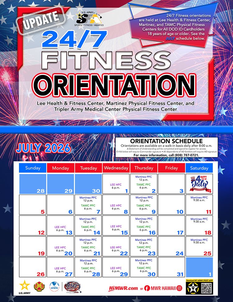 July 2026 calendar for 24/7 Fitness Orientations at Lee Health & Fitness Center, Martinez PFC, and TAMC PFC. Orientations are required for after-hours gym access and are open to DoD ID cardholders 18 and older.