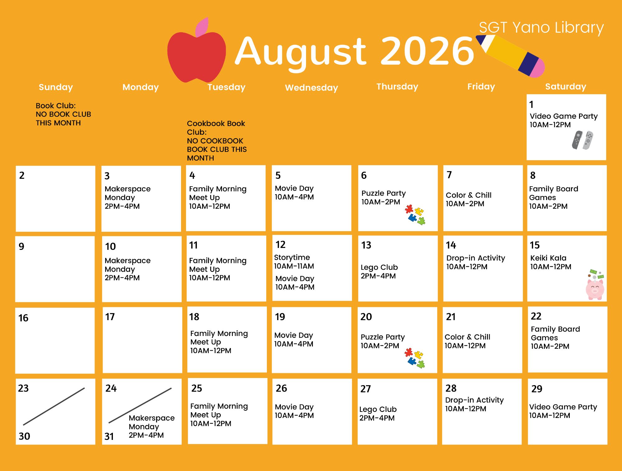 SGT Yano Library calendar of events, August 2026.