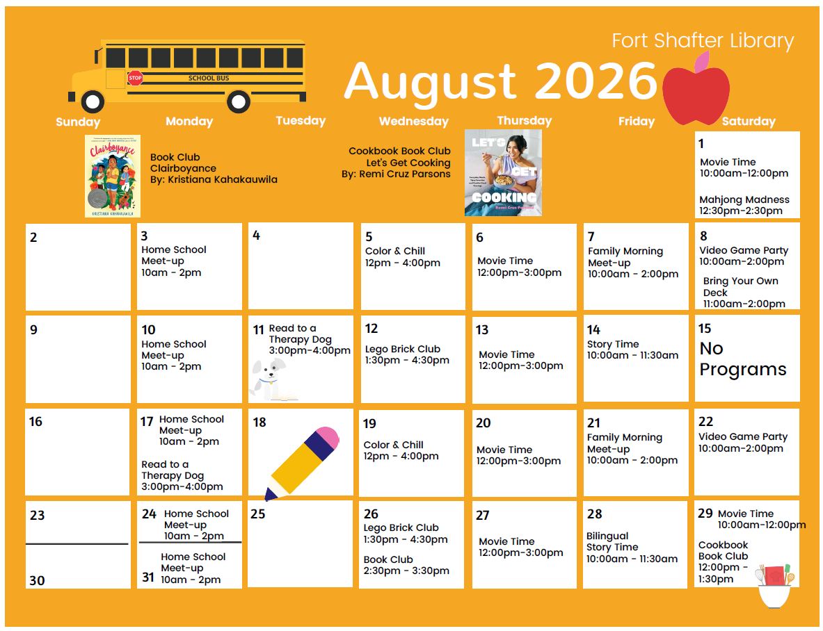 Fort Shafter Library August 2026 Calendar of Events.
