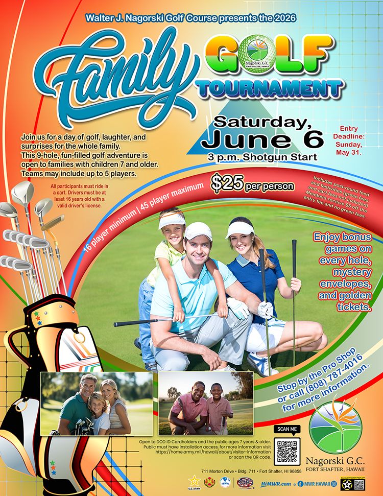 Nagorski Family Golf Tournament Flyer Family of three with clubs on course