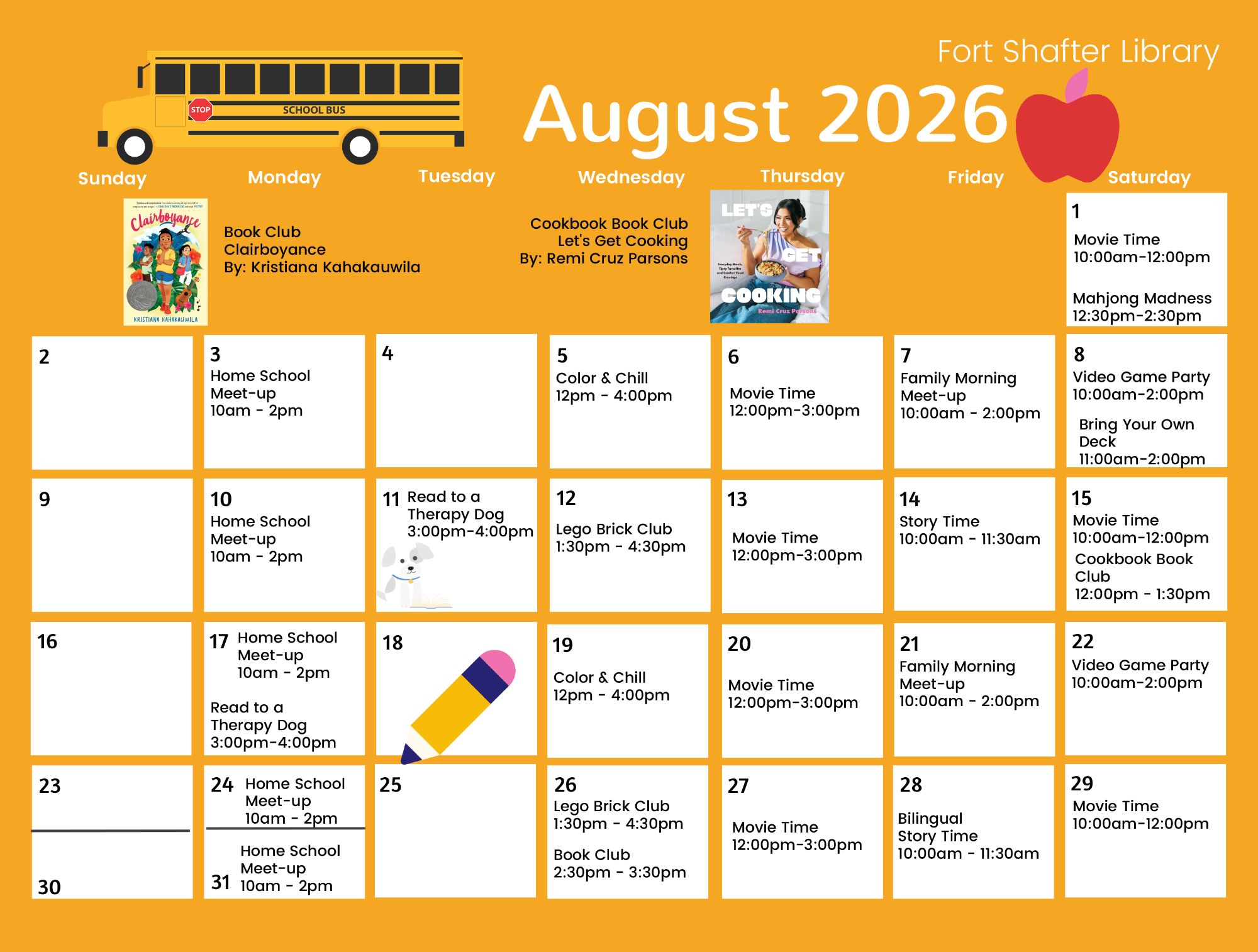 Fort Shafter Library calendar of events, August 2026.